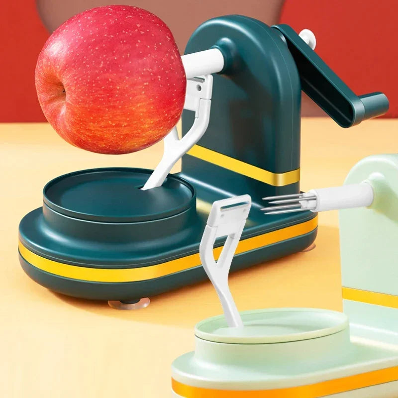 Elektrischer Apfelschäler, grün-gelb, automatischer Obstschäler, Küchengerät.