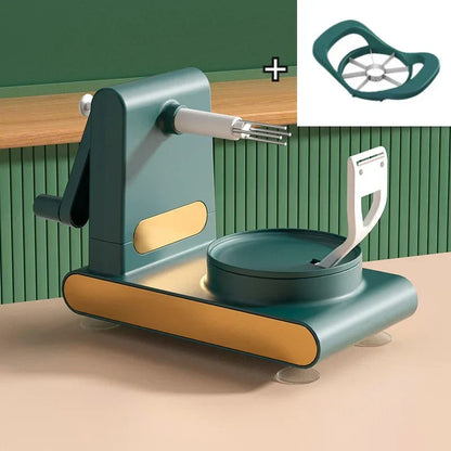 Grüner Apfelschneider und -schäler aus Kunststoff und Metall, ideal für Küchenzubehör.