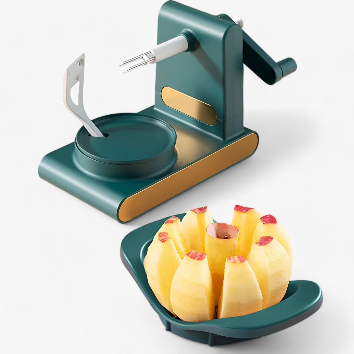 Apfelschneider und Schäler, grün-gold, manuell, Küchenwerkzeug, Obstzubereitung.