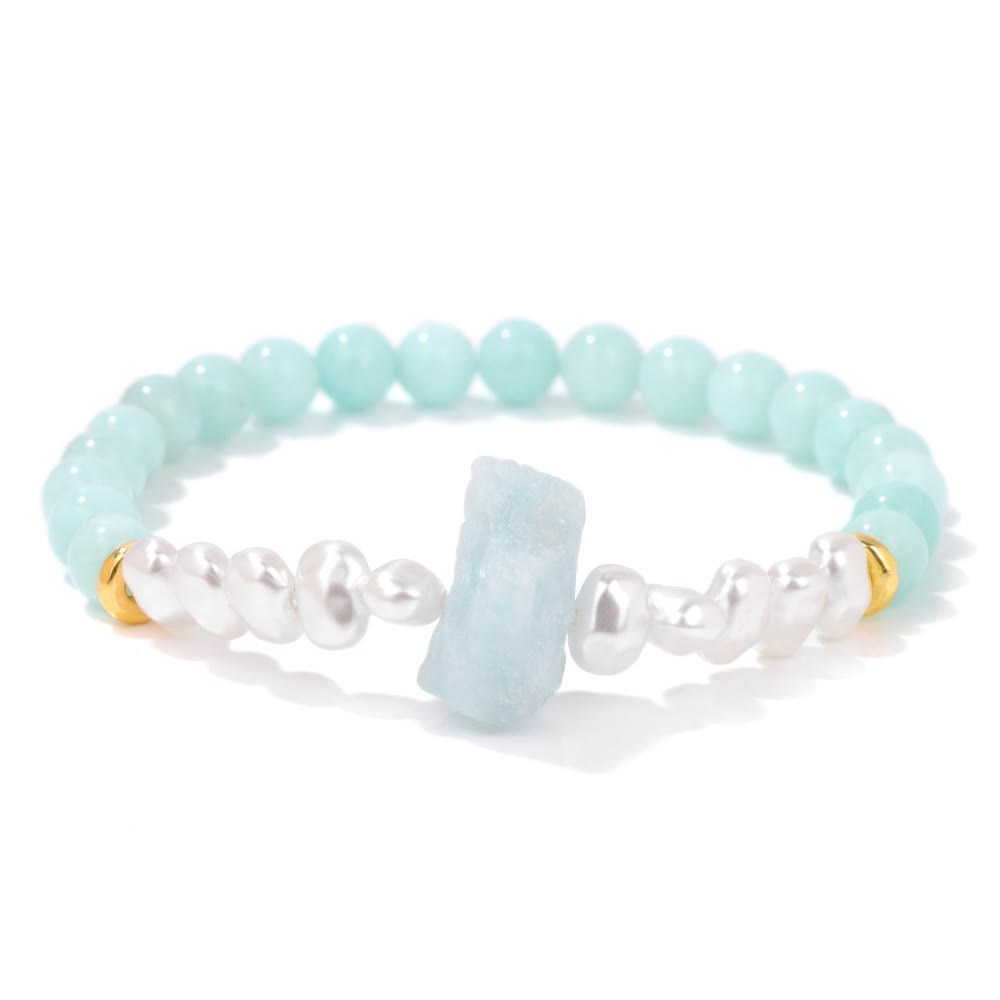 Armband aus Aquamarin, Perlen und Gold, handgefertigt, elegantes Schmuckdesign, Damenaccessoire.