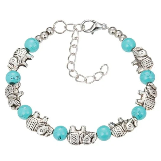 Silberarmband mit türkisfarbenen Perlen und Elefantenanhängern, verstellbar, Damen-Schmuck.