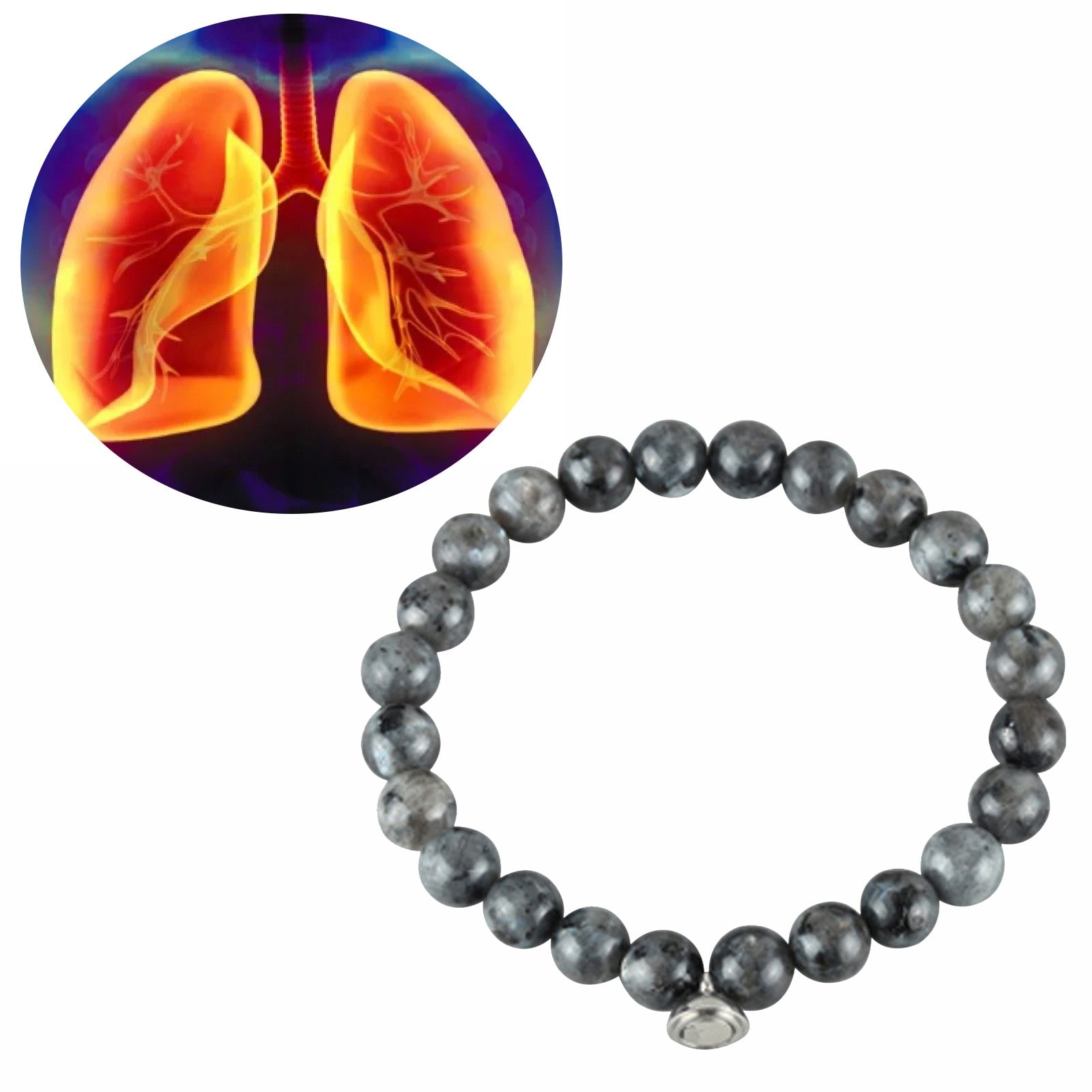 Grauer Perlenarmband mit Lungenabbildung, Schmuck für Gesundheit, Heilstein, Unisex-Design.
