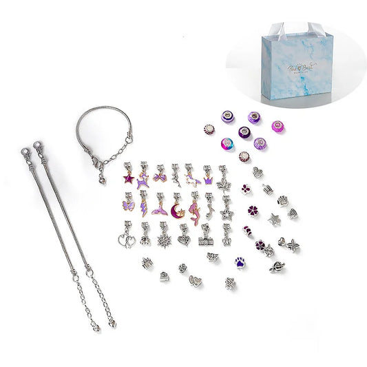 Silbernes Charm-Armband-Set mit Anhängern, Geschenkbox, Schmuck, DIY, personalisierbar.