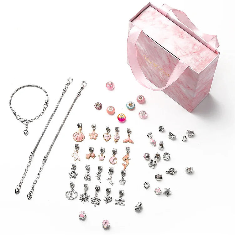 Charm-Armband-Set mit rosa Geschenkbox, Silberanhänger, DIY Schmuck, personalisierbar.