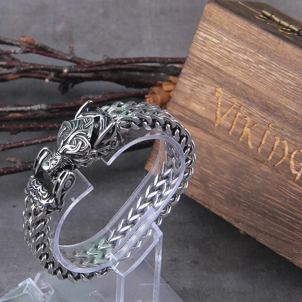 Silbernes Wikinger-Armband mit Drachenkopf-Design, geflochten, Herren-Schmuck, Edelstahl.