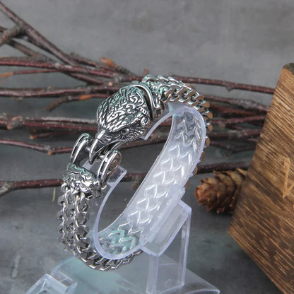 Silbernes Wikinger-Armband mit Wolfskopf-Design, Edelstahl, Herren-Schmuck, Geschenkidee.
