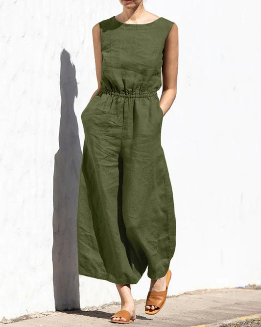 Damen Jumpsuit | Weit Geschnitten | Elastische Taille | Ärmellos-Armeegrün-S-Luzern Mode