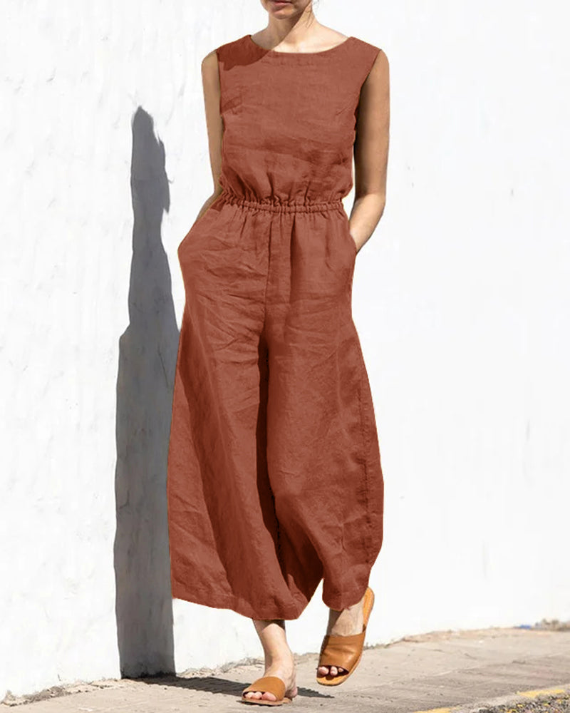 Damen Jumpsuit | Weit Geschnitten | Elastische Taille | Ärmellos-Braun-S-Luzern Mode