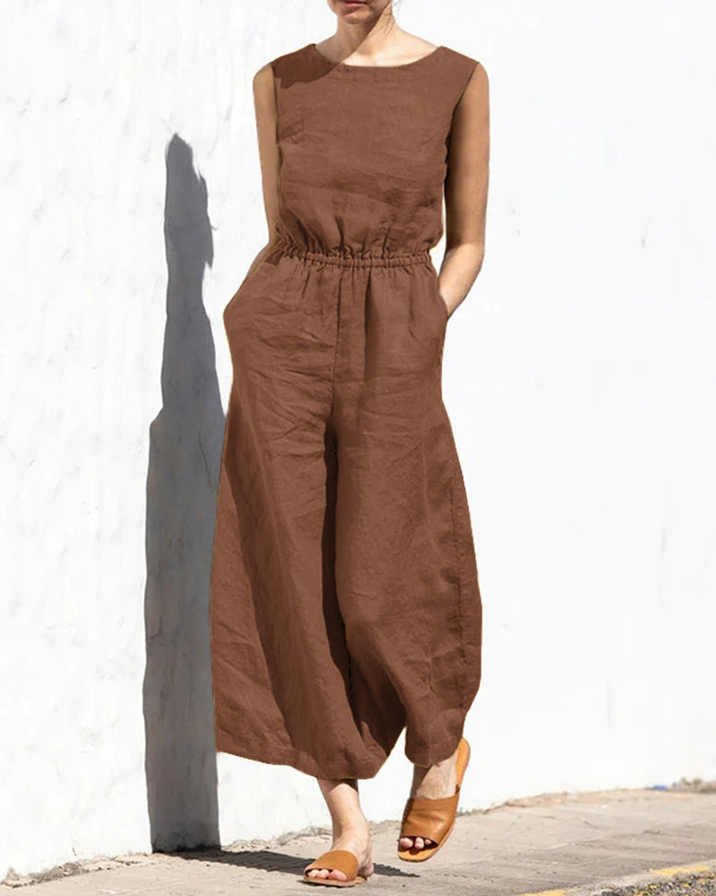 Damen Jumpsuit | Weit Geschnitten | Elastische Taille | Ärmellos-Dunkelbraun-S-Luzern Mode