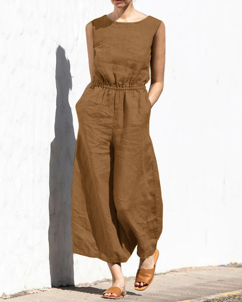 Damen Jumpsuit | Weit Geschnitten | Elastische Taille | Ärmellos-Hellbraun-S-Luzern Mode