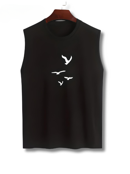 Herren Tanktop 1+1 GRATIS | Sommer Shirt Baumwolle | Vogelprint | stylisch luftig-Schwarz-M(48)-Luzern Mode
