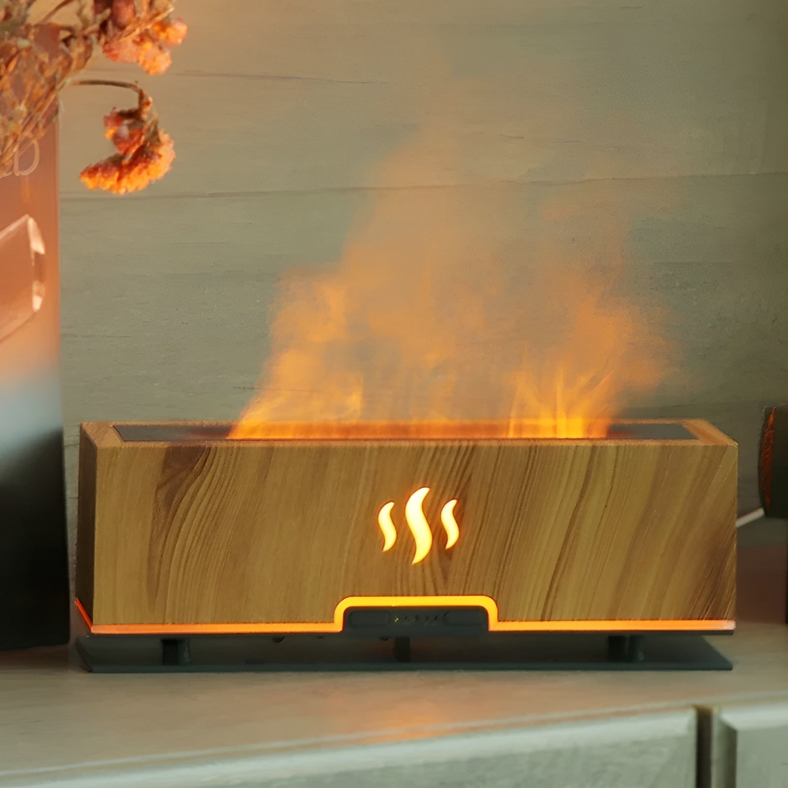 Holzoptik Luftbefeuchter mit LED-Beleuchtung, rechteckig, für Aromatherapie und Raumklima.