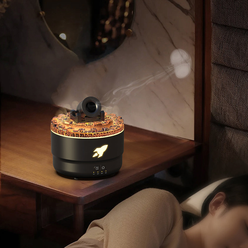 Schwarzer Luftbefeuchter mit Flammeneffekt auf Nachttisch, modernes Design, Schlafzimmer.