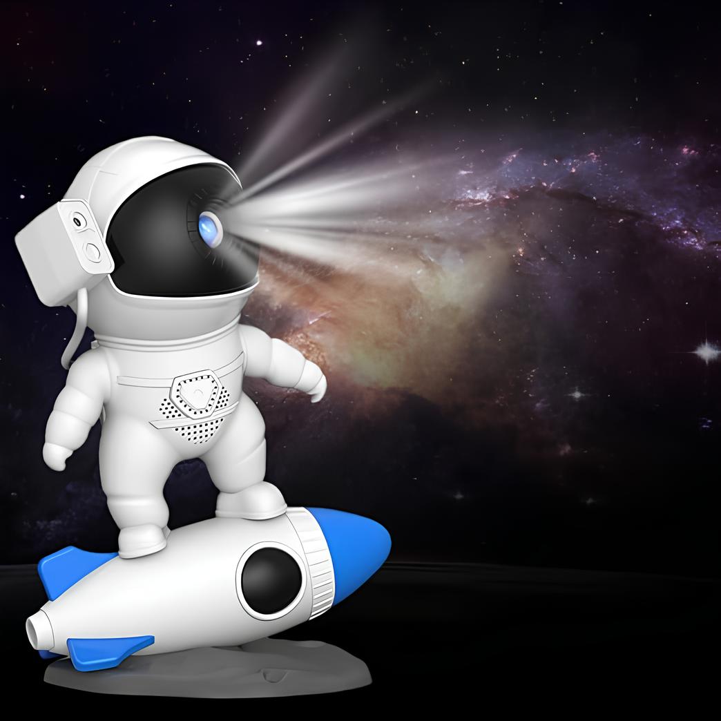 Astronauten-Nachtlicht auf Rakete, LED, weiß-blau, Kinderzimmer-Dekoration, Weltraum-Thema.