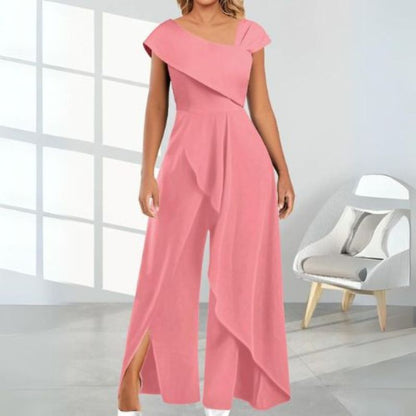 Damen Jumpsuit | Diagonalkragen | Asymmetrisch | Locker | Ärmellos-Rosa-S-Luzern Mode