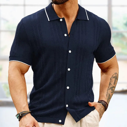 Strick Polo Herren Sommer | Baumwolle Leinen | Atmungsaktiv | Klassisch & leicht-Marineblau-S-Luzern Mode