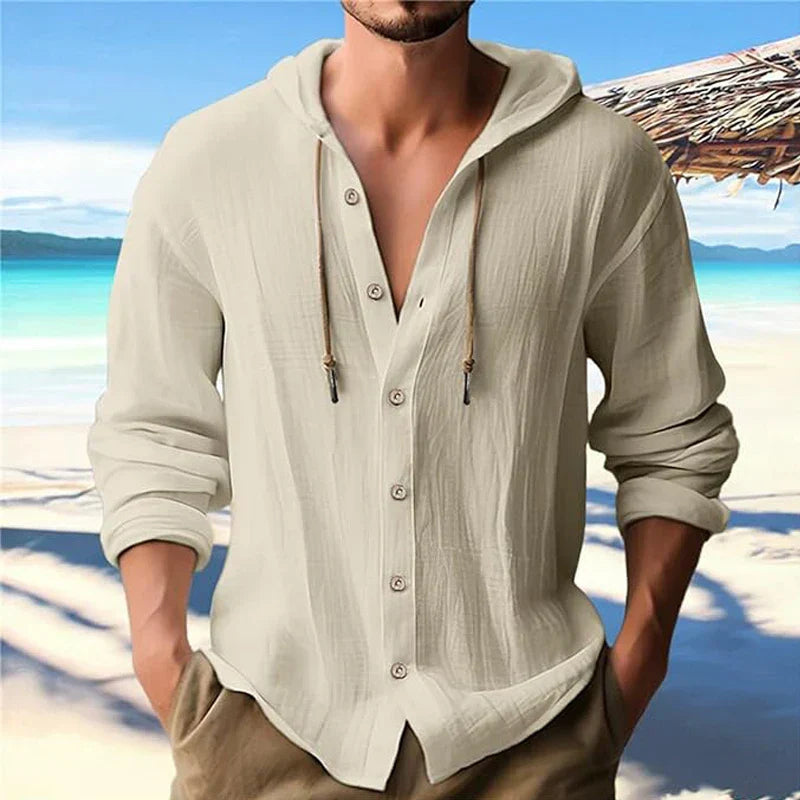 Kapuzenhemd Herren Sommer | Leinen Baumwolle | Atmungsaktiv | Freizeit Look-Khaki-S-Luzern Mode