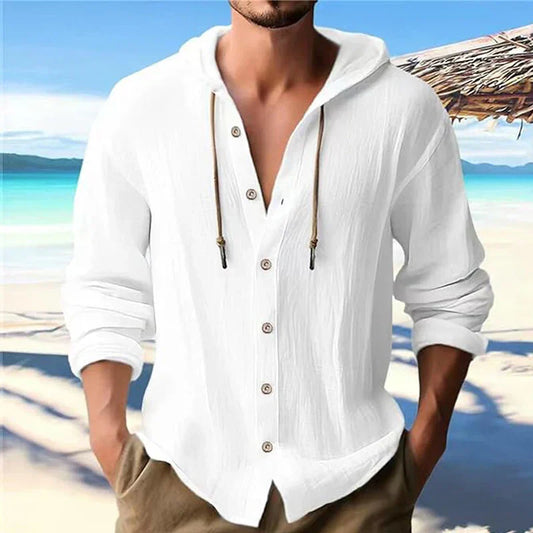 Kapuzenhemd Herren Sommer | Leinen Baumwolle | Atmungsaktiv | Freizeit Look-Weiß-S-Luzern Mode