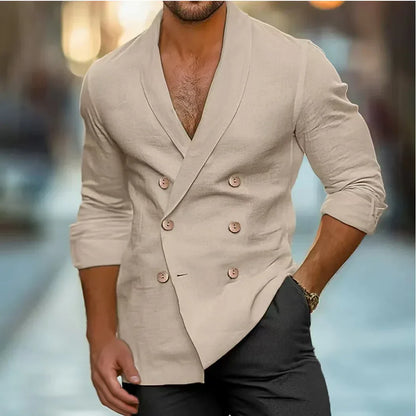 Leinenhemd Herren | Doppelknopfleiste | Atmungsaktiv & leicht | Reverskragen | Regular Fit-Khaki-S-Luzern Mode