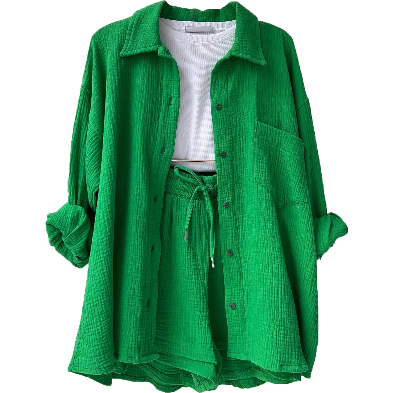 Baumwoll Zweiteiler Damen | Atmungsaktives Co Ord Set | Sommer Look bequem-Grün-S-Luzern Mode