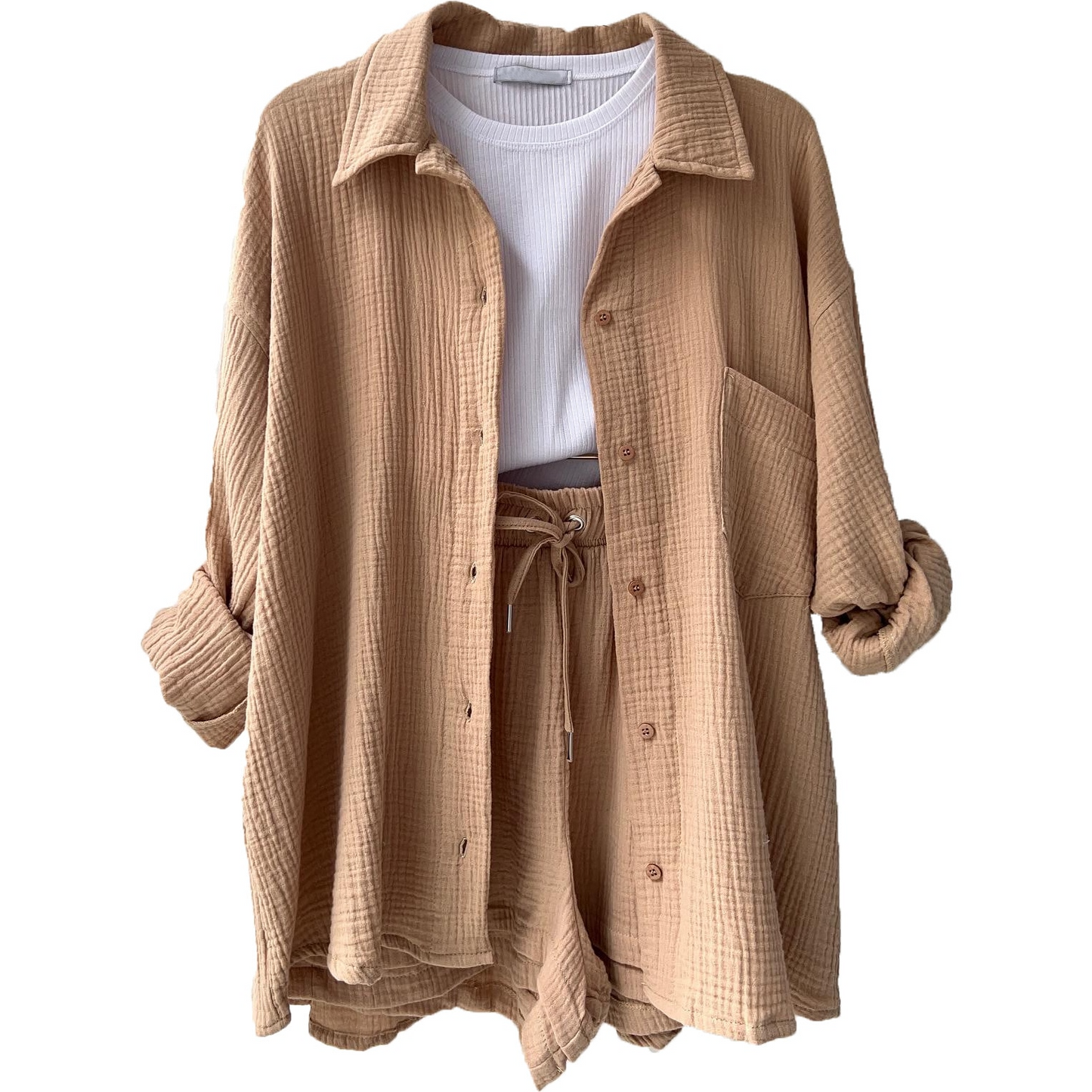 Baumwoll Zweiteiler Damen | Atmungsaktives Co Ord Set | Sommer Look bequem-Khaki-S-Luzern Mode