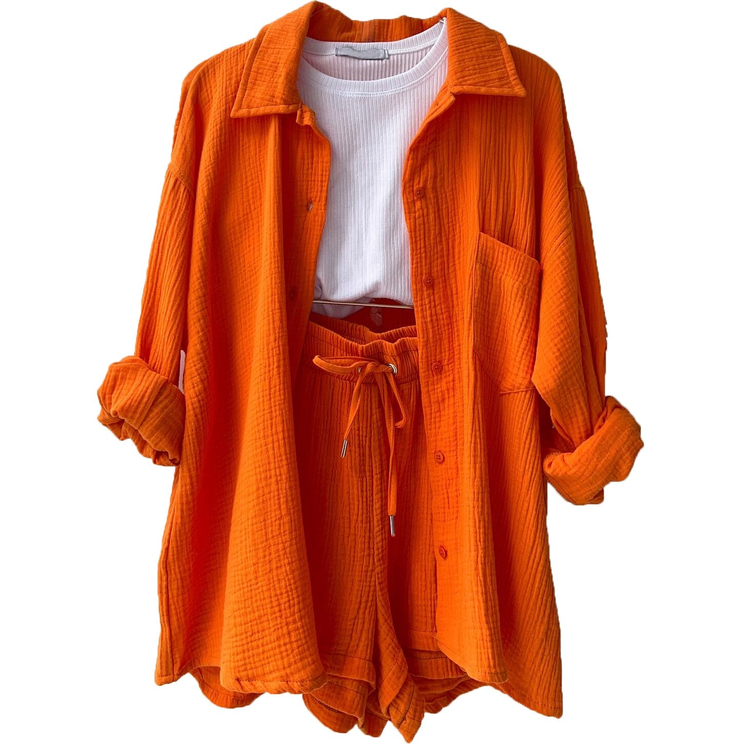 Baumwoll Zweiteiler Damen | Atmungsaktives Co Ord Set | Sommer Look bequem-Orange-S-Luzern Mode