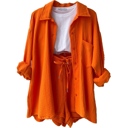 Baumwoll Zweiteiler Damen | Atmungsaktives Co Ord Set | Sommer Look bequem-Orange-S-Luzern Mode