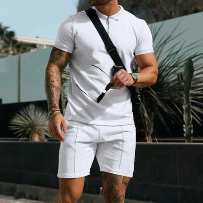 Sommer Set Herren | Poloshirt mit Kragen | Atmungsaktiv | Shorts mit Kordelzug & Gummibund-Weiß-S-Luzern Mode
