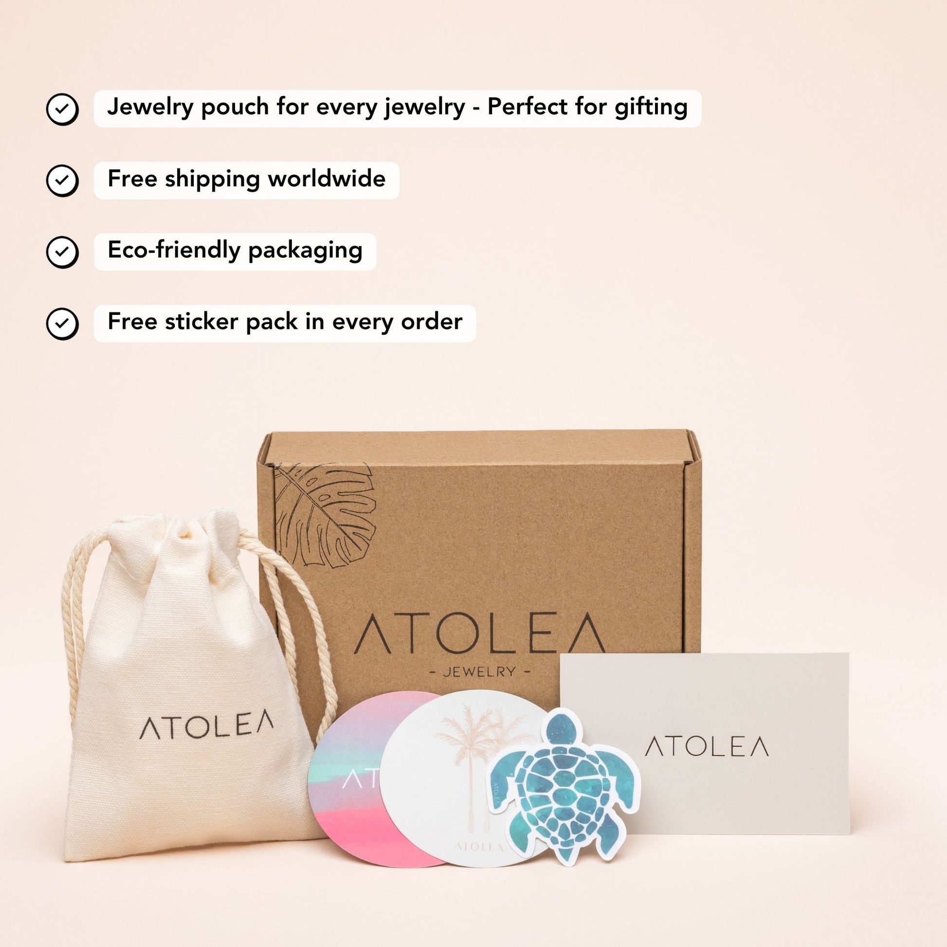 Umweltfreundliche Atolea Schmuckverpackung mit Beutel, Aufklebern und Karte.