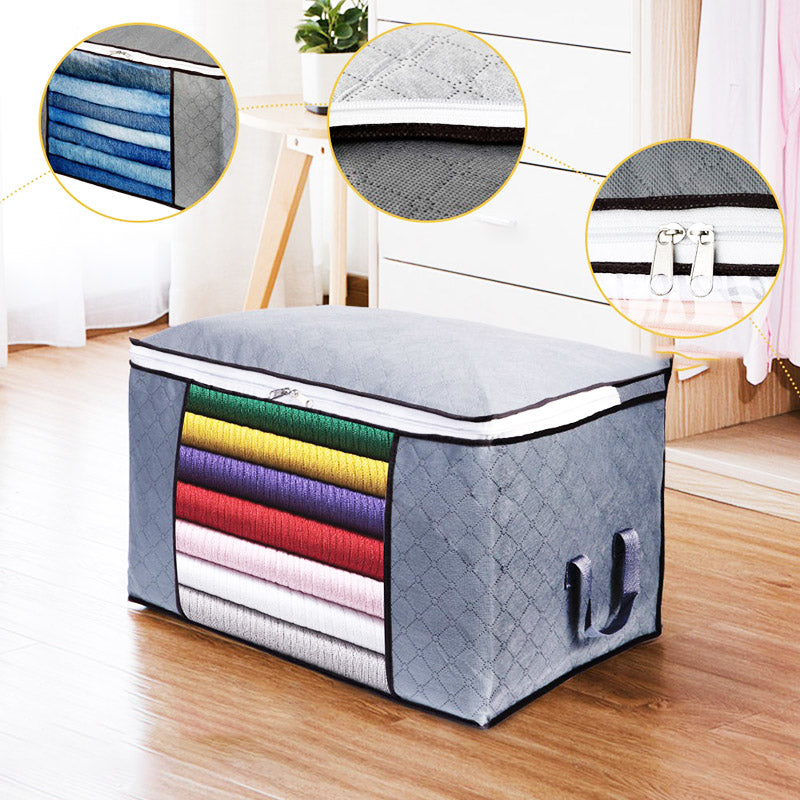 Graue Aufbewahrungstasche mit Reißverschluss, Stoff, faltbar, für Kleidung, Schlafzimmer.