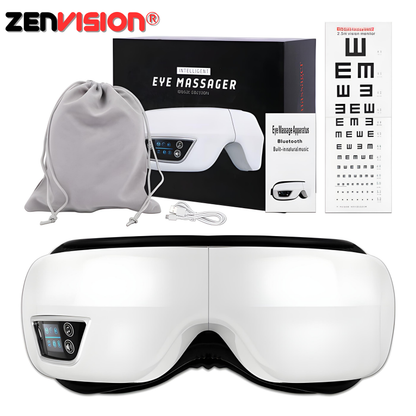 Weißer Augenmassagegerät mit Bluetooth, Verpackung, Augen-Testkarte und Aufbewahrungsbeutel.