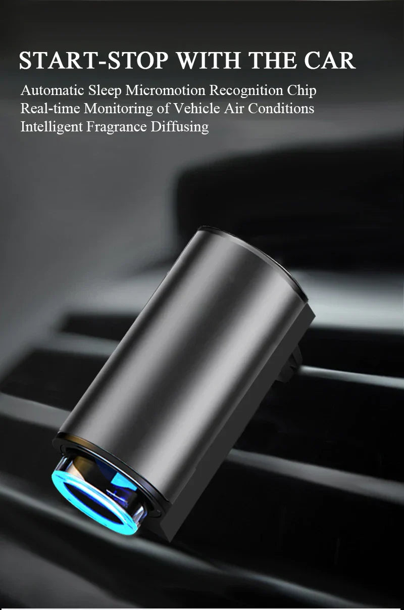 Schwarzer Auto-Lufterfrischer mit LED-Licht, intelligenter Duftdiffusor, modernes Design.