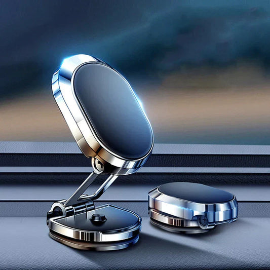 Schwarzer magnetischer Handyhalter aus Metall für Auto, verstellbar, modernes Design.