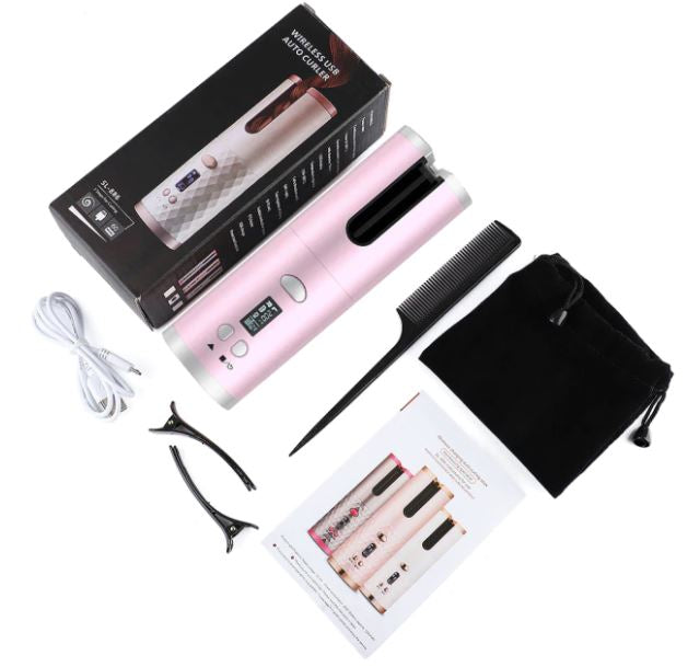 Rosa kabelloser Lockenstab Set mit Zubehör, Haarklammern, Kamm und Anleitung.