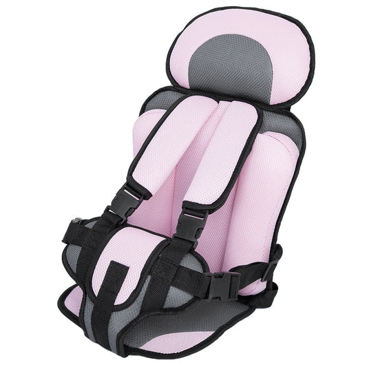 Rosa und grauer Kindersitz, tragbar, sicher, verstellbar, ideal für Reisen und Autosicherheit.