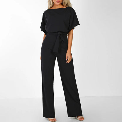 Schwarzer Damen-Jumpsuit mit Gürtel, elegantes Design, Kurzarm, modisch, bequem.