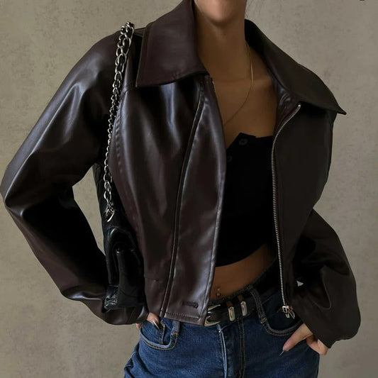 Braune Damen-Sommerjacke aus PU-Leder mit Reverskragen – Rivka
