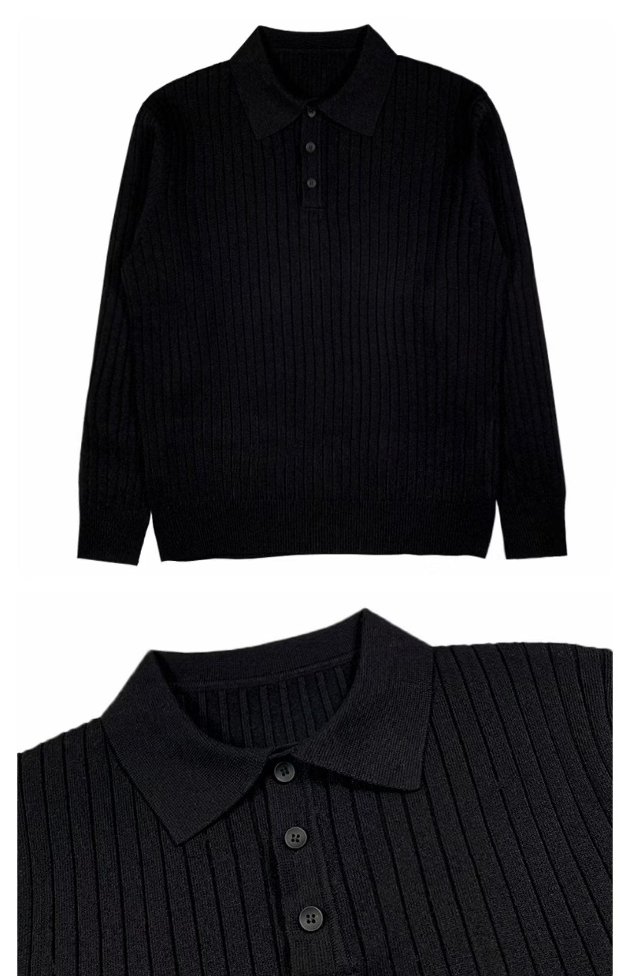 Schwarzer Strickpullover mit Kragen, Langarm, Knopfleiste, Herrenmode, elegant, Baumwolle.