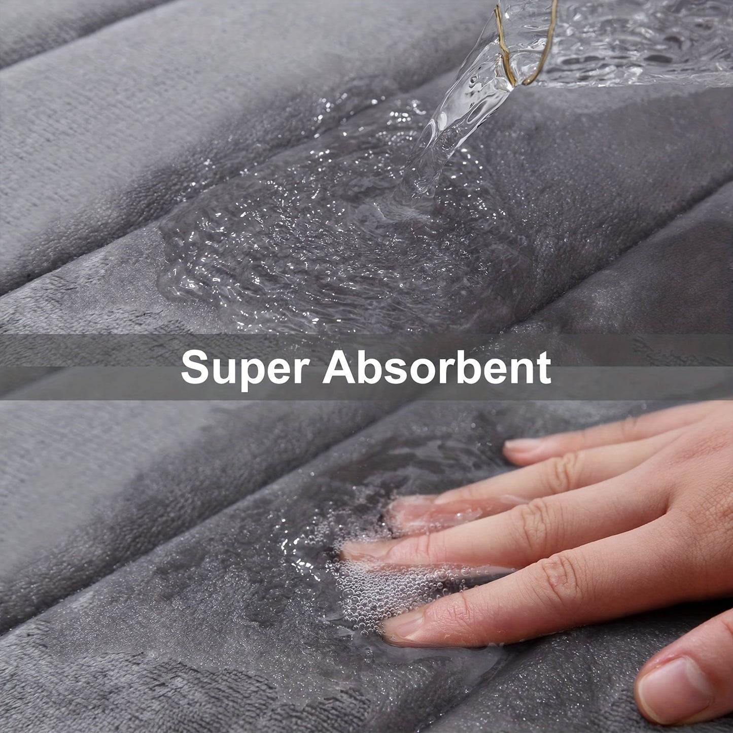 Graues superabsorbierendes Handtuch, Wasseraufnahme, weiches Material, Nahaufnahme.