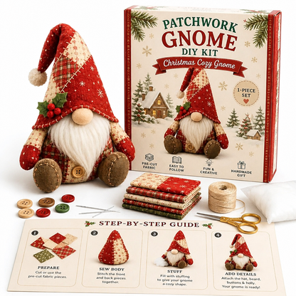 Roter Weihnachts-Wichtel mit Bommel und Stechpalme neben Verpackung, Stoffen, Garn, Knöpfen, Nadeln, Schere und Anleitung 13
