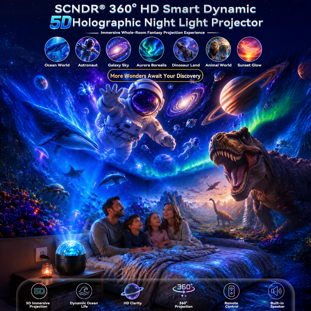 Familie liegt im Bett, während der Projektor eine Weltraum-, Ozean- und Dinosaurier-Fantasiewelt an Wände und Decke wirft, dazu sieben Motivvorschauen. 1