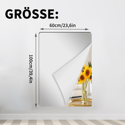 Rechteckige Spiegelfolie mit abgelöster Ecke und Sonnenblumen im Spiegelbild, Maße 60 mal 100 Zentimeter 14