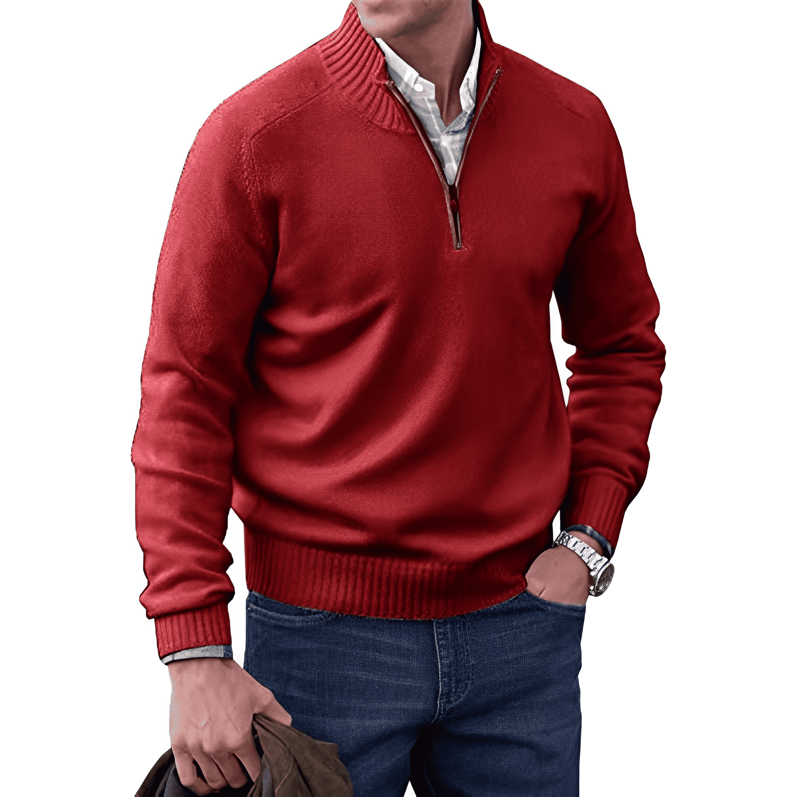 Mann in rotem Pullover mit Reißverschluss, blaue Jeans, weißes Hemd, hält braune Jacke.