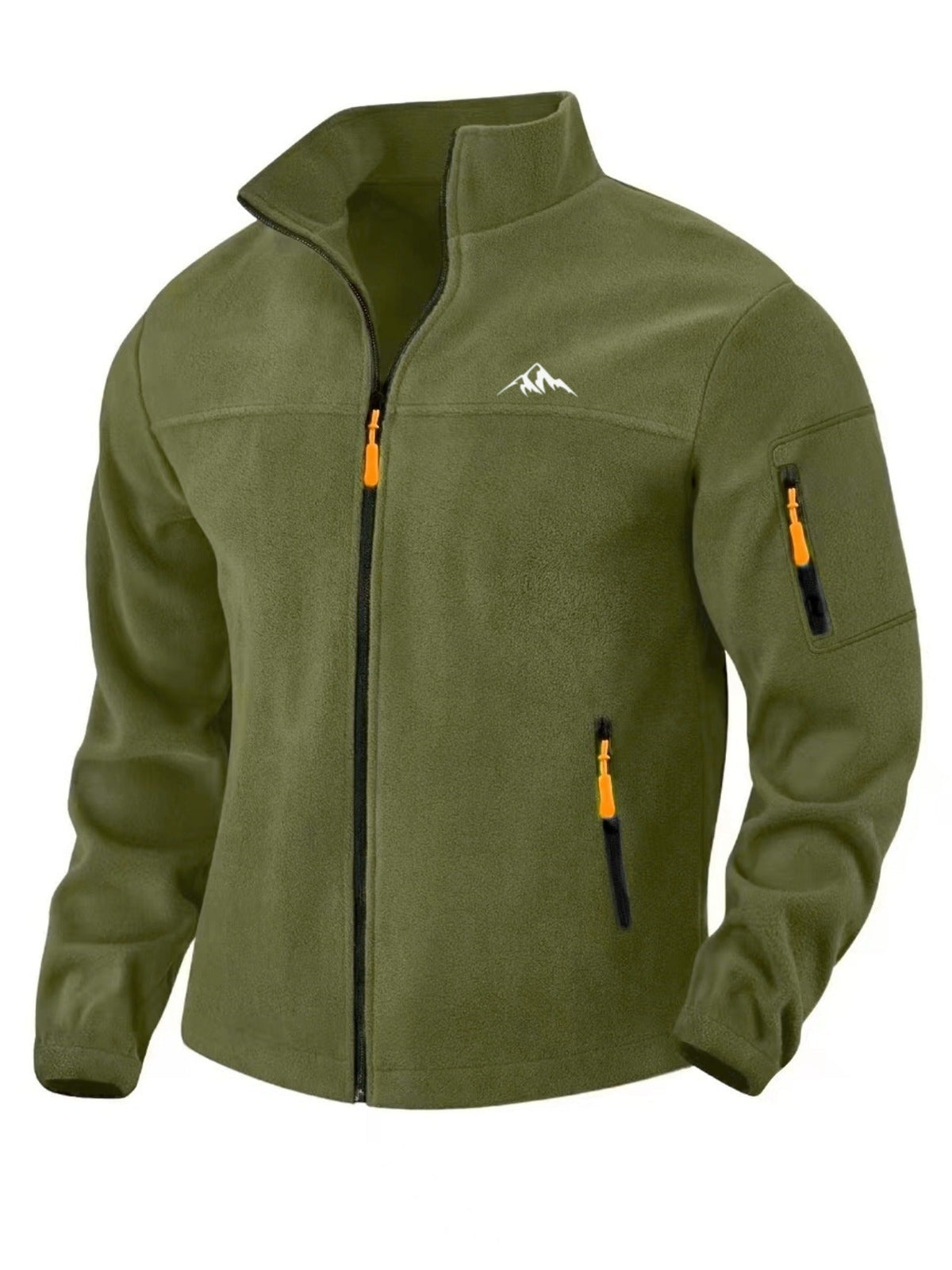Olivgrüne Fleecejacke von vorn mit Stehkragen, durchgehendem Reißverschluss, orangefarbenen Zügen, Ärmeltasche und weißem Bergmotiv auf der Brust. 4