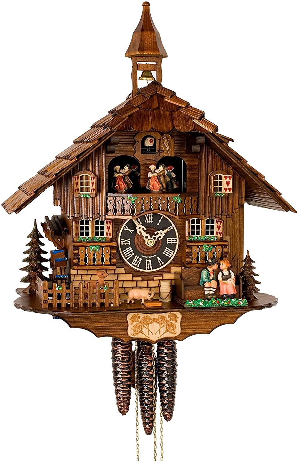 Hochwertige Chalet-Kuckucksuhr aus dunklem Holz mit Glockenturm, römischem Zifferblatt, Tanzpaar, Herzfensterläden, Schwein, Reh und drei Zapfengewichten. 9