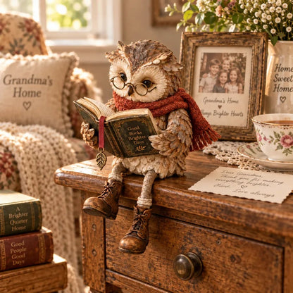 Eule mit Brille und Buch auf einer alten Holzkommode neben Bilderrahmen, Porzellantasse, Notizkarte und Kissen in einem Wohnzimmer. 8