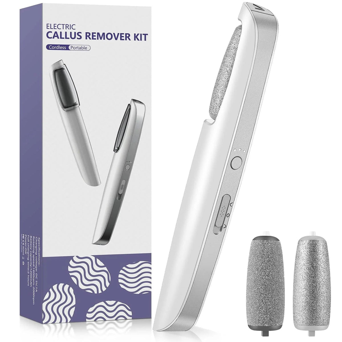 Weißes Gerät mit Rolle, zwei Ersatzrollen in Grau und Silber sowie die violett-weiße Verpackung im Set nebeneinander. 1