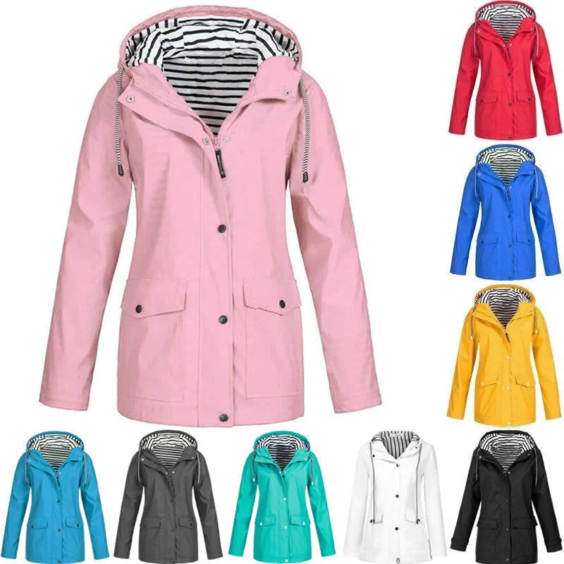 Damen Regenjacke mit Kapuze, in verschiedenen Farben, wasserdicht, Outdoor-Bekleidung.