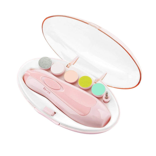 Rosa elektrisches Baby-Nageltrimmer-Set mit Aufsätzen in weißem Etui.