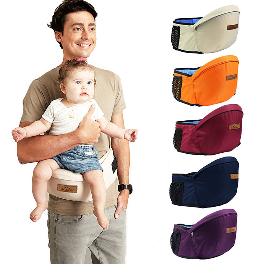 Mann mit Babytrage Hüftsitz, beige, ergonomisch, verstellbar, verschiedene Farben, Babyzubehör.